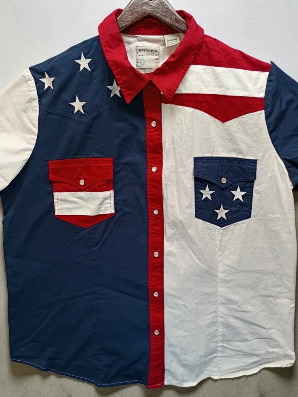 Roper Western Shirt Mens 1XL Blue Americana Flag Pearl Snap Cowboy Rodeo Rare